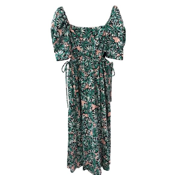 Zara Floral Side Cut-Out Poplin Puff Sleeve Midi Dress Green Pink Size Medium - Picture 10 of 14
